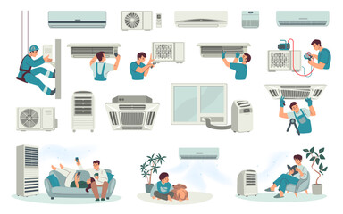 House condition. Air heat. Fan appliance installation. Room ventilation. Climate building. Workman repairing and fixing ventilator. People relaxing under home cooler. Vector concepts set