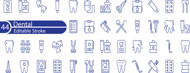 Dental icon set. Containing tooth, dentist, toothpaste, toothbrush, teeth, implant and dentistry icons.