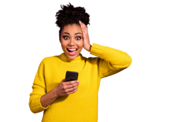 Portrait of her she nice attractive lovely cheerful cheery ecstatic amazed astonished wavy-haired girl holding in hands device great news isolated over bright vivid shine violet background