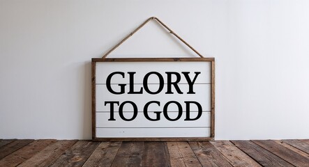 Obraz premium Glory to God lettering on hanging sign board on plain white background
