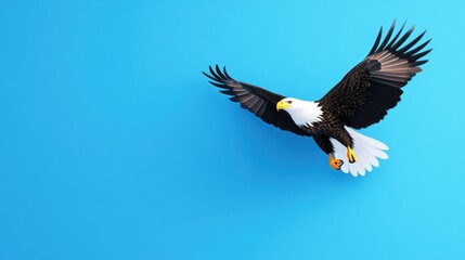 Fototapeta premium A soaring eagle against a bright blue background.