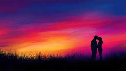 Fototapeta premium Silhouette of a couple sharing a kiss against a colourful sunset, with copy space