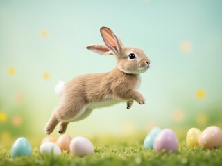Easter bunny jumping over colorful eggs in spring meadow