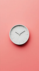 Simple White Clock on Pink Background, Minimalist Timepiece Design, Elegant Wall Decor, Clean Aesthetic, Modern Style,  Time Management Concept.