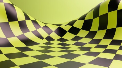 A vibrant, undulating surface features a bold black and yellow checkerboard pattern against a soft green background.