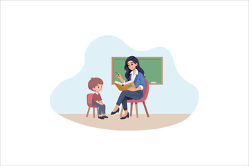 Illustration teacher read story book while student sit and listening. Vector illustration.