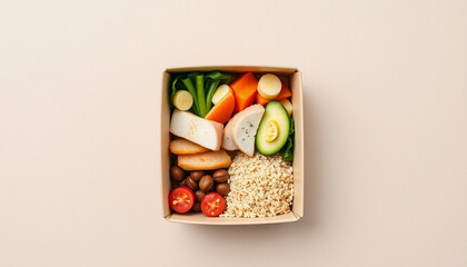 PNG ULTRA HD 8K Diet Box &ndash; Balanced Meal with Fresh Ingredients Divided into Compartments, Highlighting Texture and Detail, Resting on a Neutral Background, Ideal for Nutrition, Food Design, Lifestyle