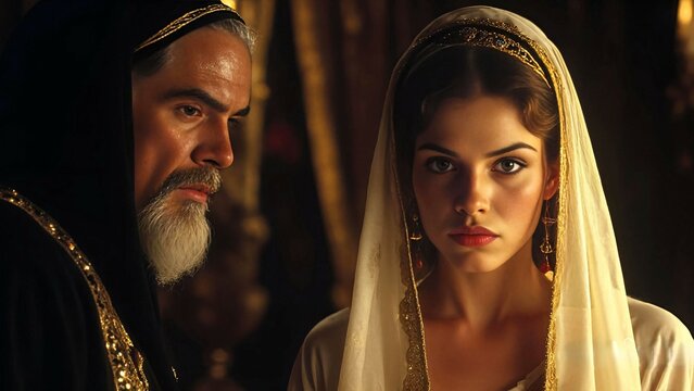 The old Arab sultan is telling his daughter something important.