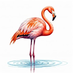 Graceful Flamingo in Water: A vibrant watercolor painting of a single flamingo standing elegantly...