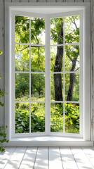Obraz premium Serene Bay Window, Lush Greenery, Sunlight Streaming Through Panes, Illuminating Bright Room