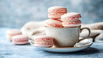 Fototapeta premium Pink Macarons in a Speckled Teacup, Delightful Pastel Treats on a Blue Background