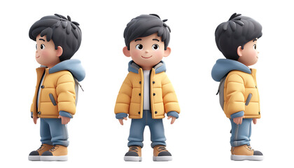 A 3D cartoon-style boy wearing a yellow puffer jacket, light blue hoodie, and matching pants, shown in front, side, and back views, with a cheerful expression, provided as a transparent PNG.