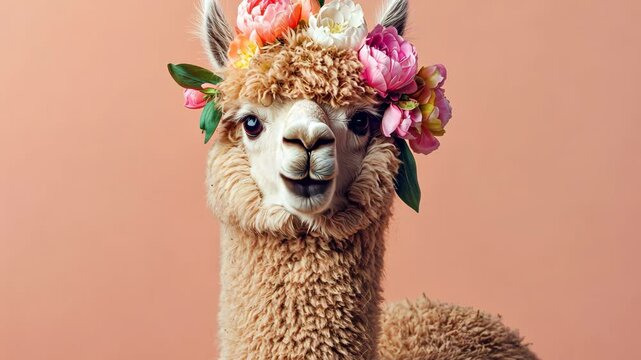 A cute llama with a flower crown on its head