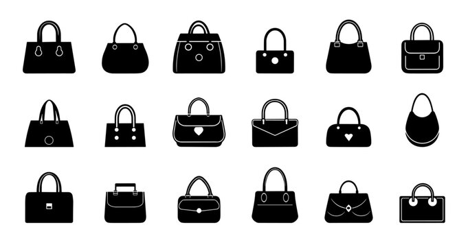 Fashion ladies bag icons set. Clutch arm bag types. Front view. Handbag wallet purse tote hobo symbol. Leather woman accessories. Simple black and white flat style isolated vector clipart collection