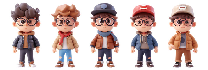 A group of 3D cartoon-style boys with glasses, each wearing a unique winter outfit featuring jackets, scarves, and hats in various colors, displayed in a row, provided as a transparent PNG.