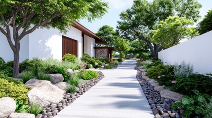 Serene garden path lined with lush plants and decorative stones.