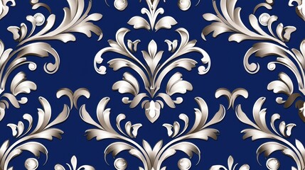 A decorative navy-blue pattern featuring elegant silver floral motifs, ideal for wallpaper or fabric designs.