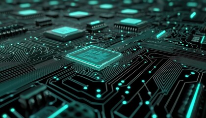 Obraz premium A close-up view of a circuit board with glowing turquoise microchips and intricate pathways, showcasing advanced technology and digital innovation.