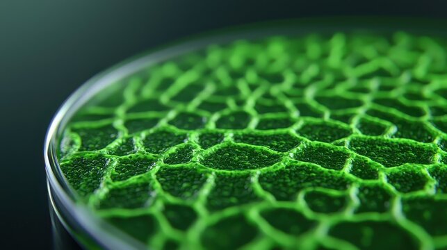 A vibrant close-up of a textured green surface resembling algae or a biological specimen in a petri dish, showcasing intricate patterns and colors.