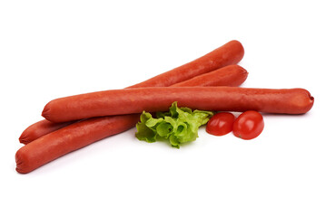 Hungarian smoked pork sausages with basil leaves, isolated on white background.