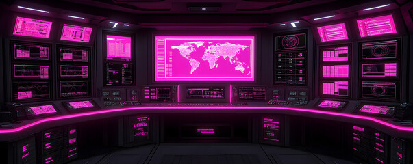 Obraz premium Futuristic Control Room, Pink Neon Displays Show Global Network Data in a Sci-Fi Setting