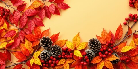 Fototapeta premium Autumnal Frame of Red Berries, Pinecones, and Vibrant Fall Foliage on a Soft Yellow Background