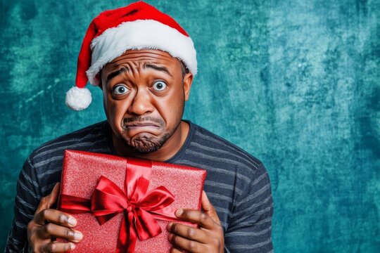 Copy space. Isolated white black midlife man in red santa cap with getaway box in hands, on blue background. Professional christmas scene. Blue winter theme. Kid blue christmas. Santa hat.