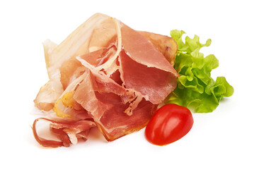 Italian prosciutto crudo or spanish jamon. Jerked meat, isolated on white background.
