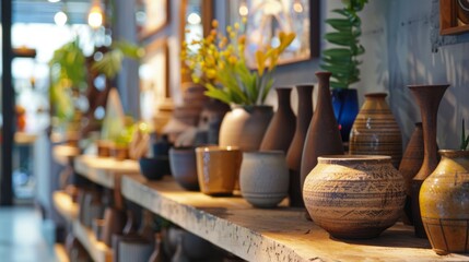 Rustic pottery on a wooden shelf with natural decor