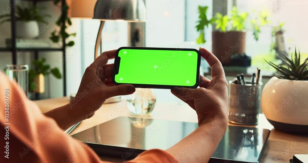 Poster woman, phone and hands with green screen, office and website with tech and mobile app. networking, t