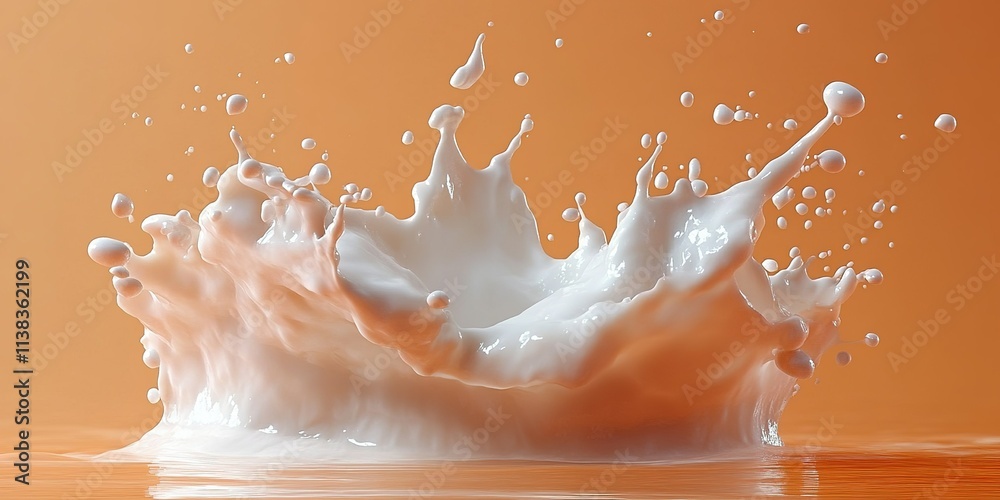 Poster milk splash creates dynamic patterns against an orange background in a tranquil setting