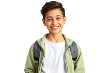 Young handsome student school with backpack, isolated on transparent background