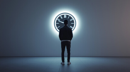 Obraz premium A man in Mod-style casual wear standing under a glowing holographic clock in a minimalist white studio