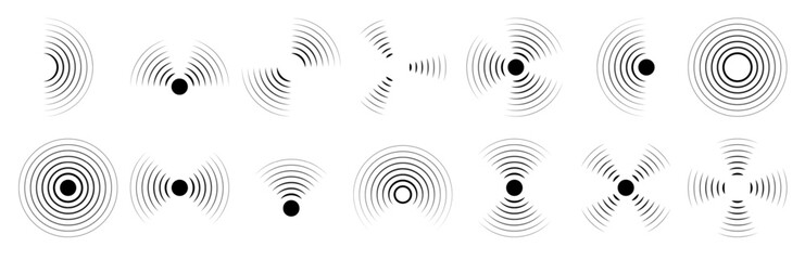 Sound wave. Radar effect icon. Line target signal or concentric circular pattern. Light audio graphic. Round air. Soundwave radial vibration. Sonar ripple. Vector geometric symbols set