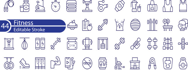 Set of 44 line icons related to fitness, wellbeing, mental health, healthcare, cosmetics, spa, medical. Outline icon collection.