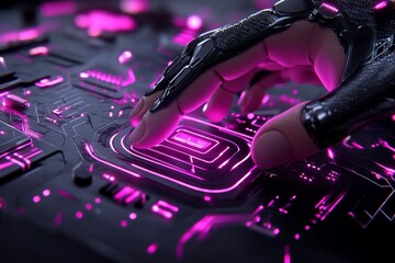 A neon-lit cyberpunk portrayal of a tech expert working on a holographic interface, with glowing circuitry and futuristic gadgets illuminating the scene