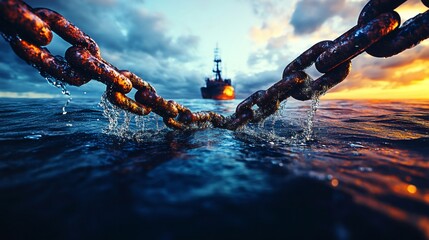 Rusty chain emerging from the ocean surface with a blurred ship in the background and a stunning sunset