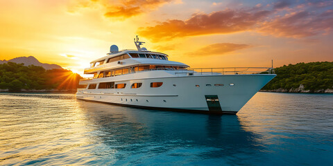 Naklejka premium Luxury Yacht at Golden Sunset, Cruising Calm Waters near Island Shores. Majestic vessel sails serenely.