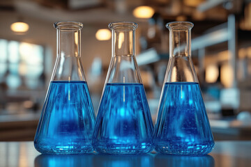 Three Erlenmeyer flasks with blue liquid in laboratory.