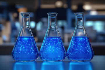Three Erlenmeyer flasks with glowing blue liquid in lab.