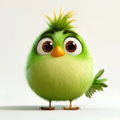 Fototapeta premium 3D cartoon-style fluffy green bird with big brown eyes and orange crest