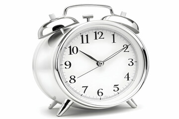 Classic Alarm Clock, A Timeless Design, Silver Metal, White Face, Precise Timekeeping, Analog Display, Isolated Background