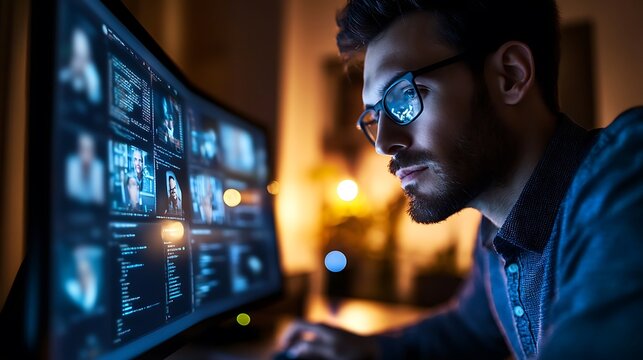 Focused programmer working late on computer coding project.