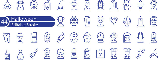 Set of 44 outline icons related to Halloween. Linear icon collection. Editable stroke. Vector illustration
