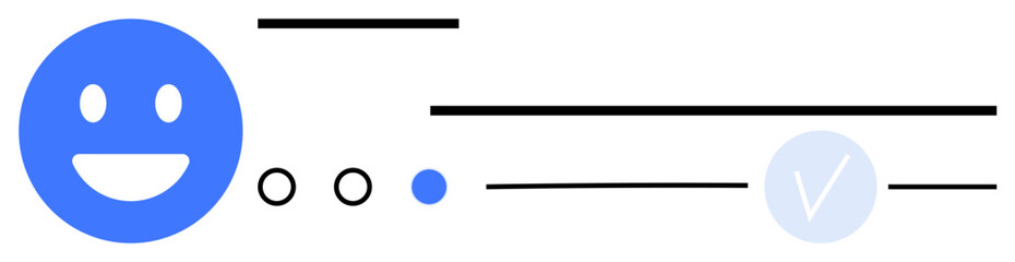Blue happy face emoticon next to a line of text, circles, and a check mark. Ideal for messaging, feedback, approval processes, user interface, communication social media and notifications. Line