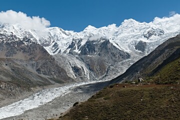 Obraz premium View of the Chongra massif of peaks and Rakhiot glacier from Behal village. Rakhiot valley. Himalayan mountains. Gilgit-Baltistan region. Pakistan. Asia.
