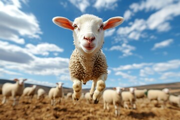 Obraz premium A playful lamb jumping over a resting ewe, with the rest of the flock grazing in the background