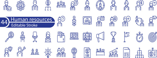 Set of 44 thin line icons related human resources, teamwork, co-workers, cooperation. Linear business simple symbol collection. vector illustration. Editable stroke