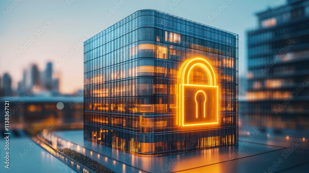 Wall mural illuminated lock graphic on a modern building symbolizing digital security and data protection in ur