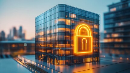 Illuminated lock graphic on a modern building symbolizing digital security and data protection in urban architecture